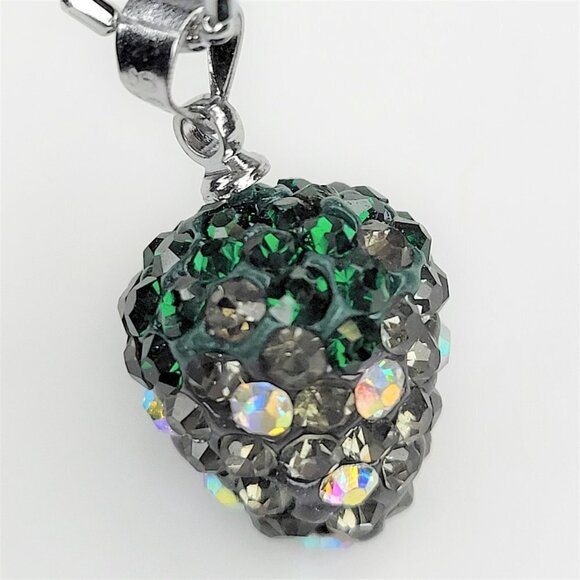 STRAWBERRY Shape Mini Green and Grey Rhinestone Small Pendant Necklace - Picture 7 of 12